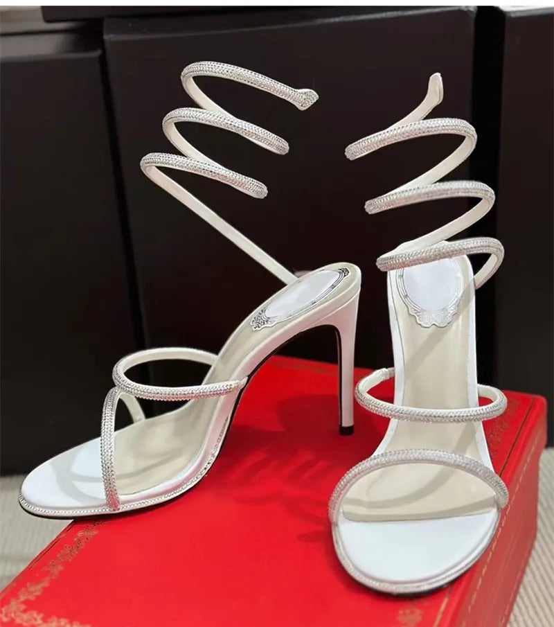 Fashion Summer Snake Twine Around Crystal Women Sandals Luxury Rhinestones Thin High heels Gladiator Sandals  Party Prom Shoes Pi-Mart