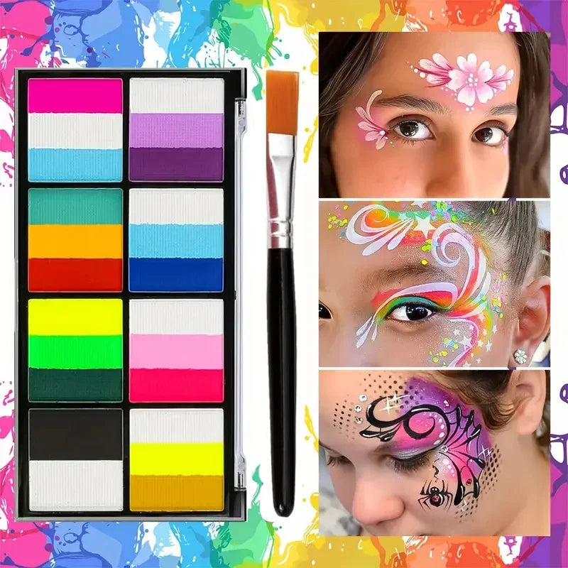 Palette Rainbow Stripe Paint Set with Brushes, Water Based Dual-Tone Face and Body Paint Palette, Christmas Halloween  Cosplay Tri Light Beauty