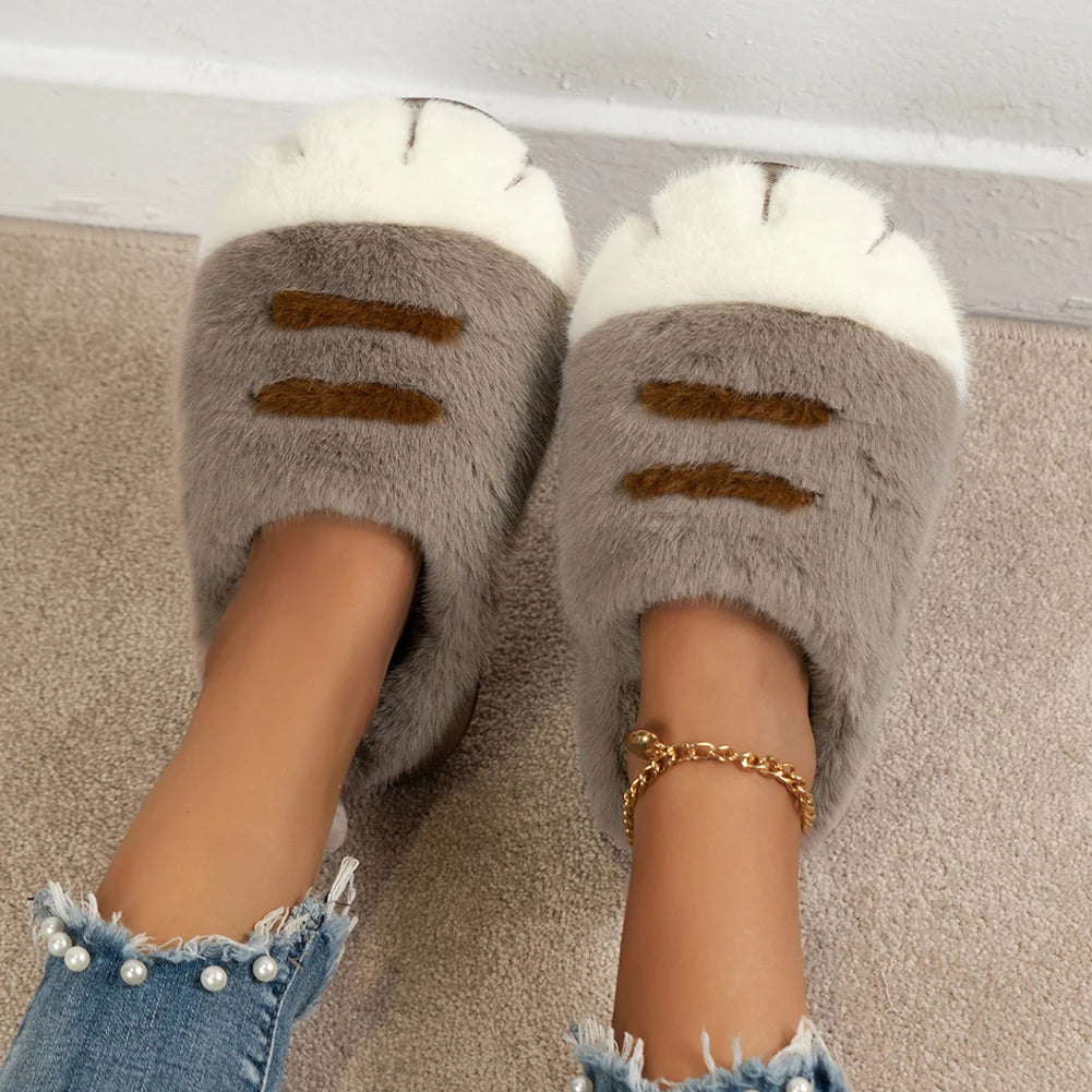 3D Cat Paw Plush Slippers Warm Slip-on House Shoes Anti Slip Flat Thermal Slippers Furry Paw Couple Slippers for Autumn Winter Pi-Mart