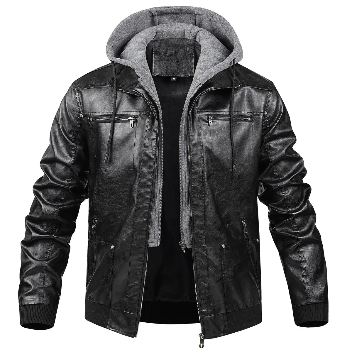 US Size Luxury Quality PU Jacket Men New Winter Faux Two-Piece Hooded Leather Jacket Casual Coat Pi-Mart