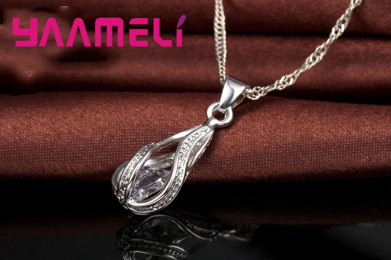 Hot Water Drop CZ 925 Sterling Silver Plated Jewelry Set For Women Pendant Necklace Hoop Earrings Wedding Party Ceremoey Anel Pi-Mart