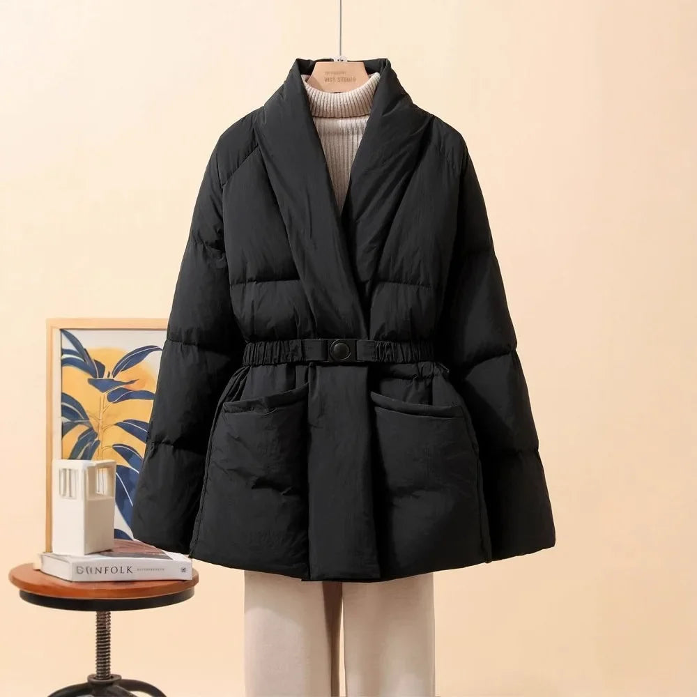 New Fashion Temperament Cotton Coat Women Winter Warm Solid Color V-neck Gathered Waist Jacket Coats Parkas with Belt LadyShow.Store