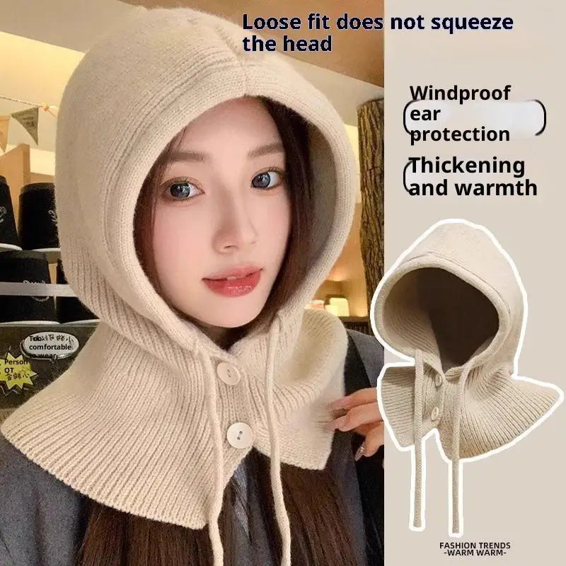 Winter Balaclava Hat Warm Knitted Women's Hood Hat Solid Color One-piece Neck Pullover Cap Outdoor Cashmere Caps Pi-Mart