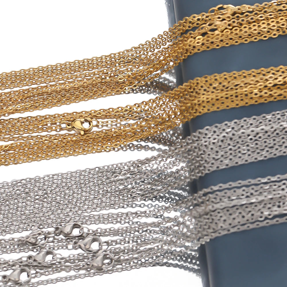 10pcs 50cm 2mm Gold Color Stainless Steel Link Chains Necklaces Fashion Jewelry Cuban Chains Wholesale Chain DIY Crafts Supplies Pi-Mart