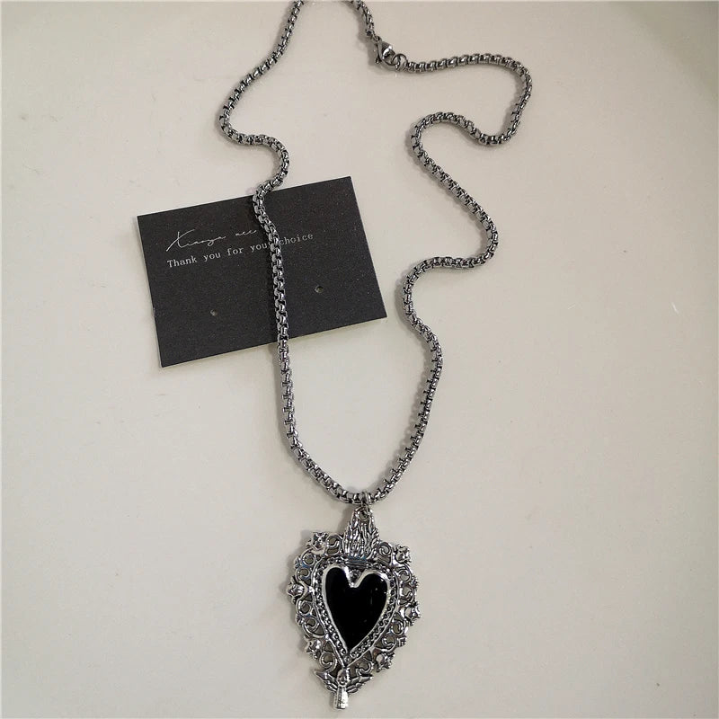 Punk Rock Black Heart Cross Pendant Chain Necklace For Men Women Cool Hip Hop Street Vintage 90s Y2K Grunge Goth Accessories Pi-Mart