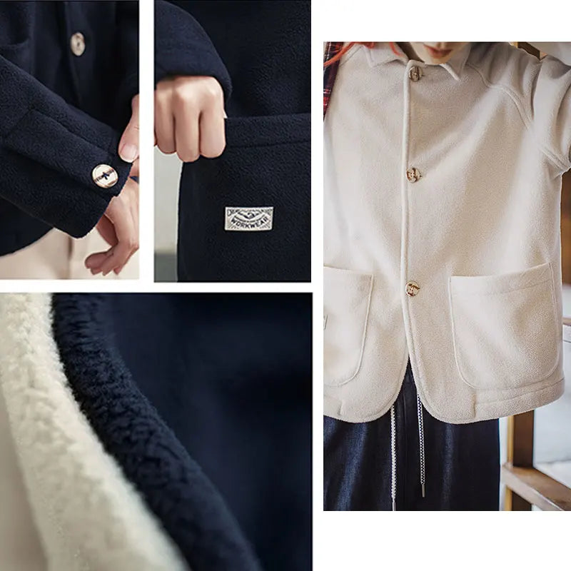 Maden Women's Fleece Lapel Warm Jacket 290gsm Single-breasted Solid Color Casual TOPs Coat for Autumn Winter Outwear LadyShow.Store