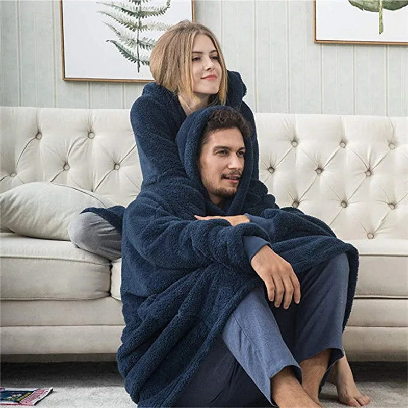 Winter Warm Unisex Double-faced Fleece Hooded Sweatshirts Casual Loose Long Thicken Pocket Pullover Batwing-sleeved Home Clothes LadyShow.Store
