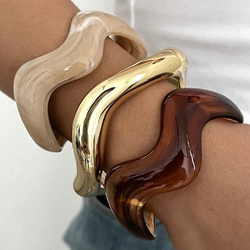 3Pcs Irregular Wavy Cuff Bangle Set For Women Resin Chunky Wave Bracelets Minimalist Stackable Wristband Trendy Jewelry Gift New Pi-Mart