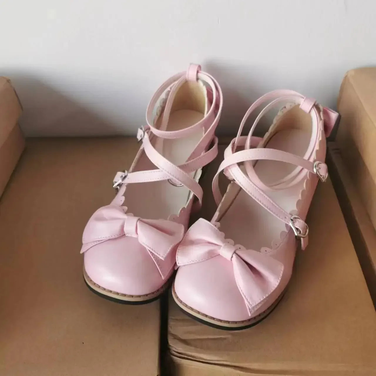 Lolita Shoes Women Flats Low Round With Cross Straps Bow Cute Girls Princess Tea Party Shoes Students Lovely Shoes Size 34-41 LadyShow.Store