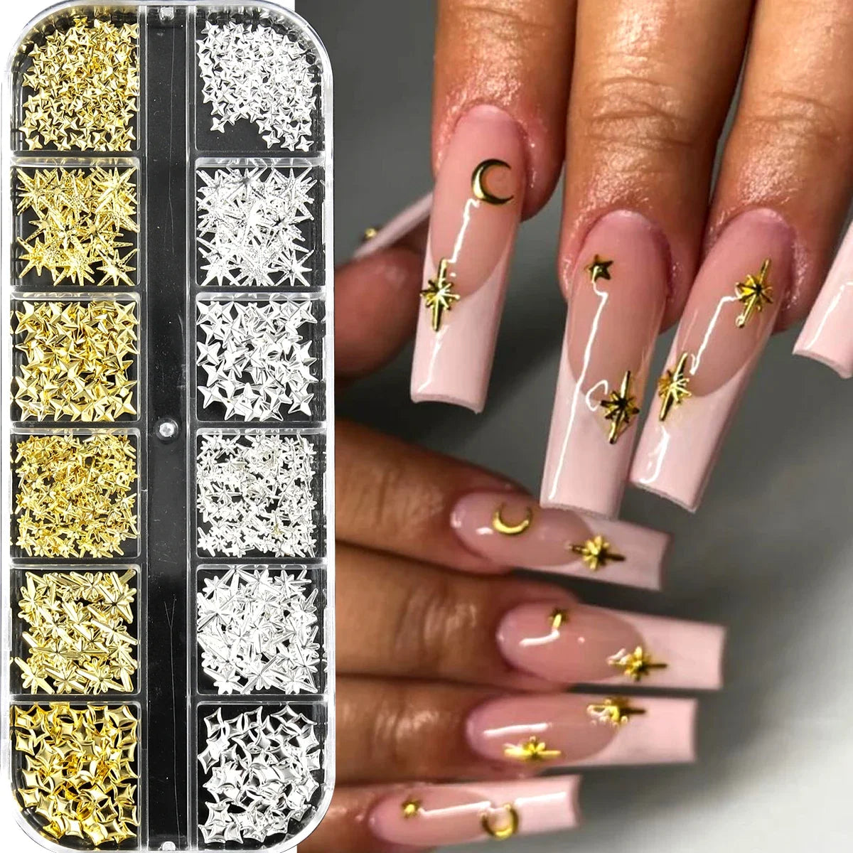 6/12Grids Gold Star Moon Metallic Rivet 3D Nail Charms Alloy Sun Moon Starlight Rhinestones Nail Studs For Nail Art Decoration Pi-Mart