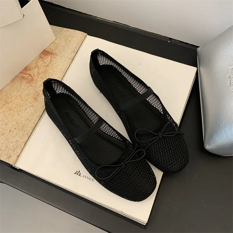 2025 New Luxury Spring/Summer Women Mesh Hollow Elastic Band Flat Bottom Non slip Casual Shoes Flat Bottom Shoes Pi-Mart