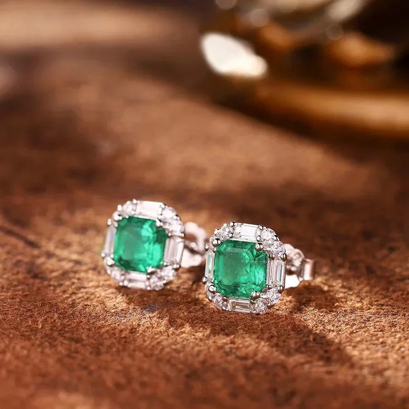 European and American Square Green Zircon Earrings, French Romantic Women's Inlaid Zircon Banquet Design, Shiny Jewelry Pi-Mart