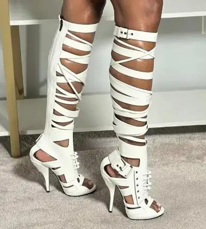 2026 Women Sandals Knee High Boots Cross Strap Hollow Fashion Elegant Sexy Women Shoes Newest Round Toe Thin Heels 4 Pi-Mart
