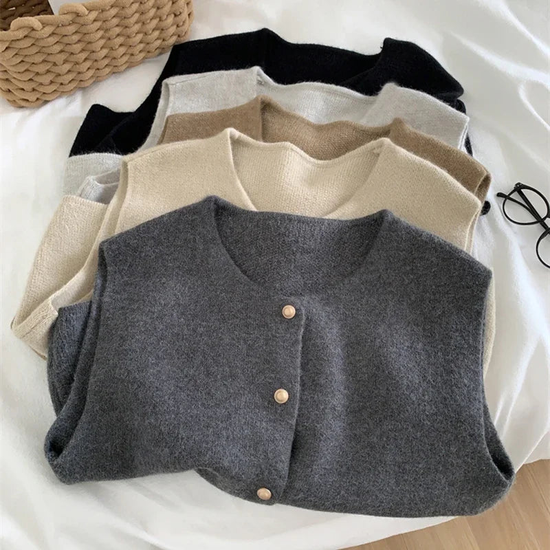 Women Sweater Vest Gold Button Up Waistcoat Soft Knitted Sleeveless Cardigan Jacket Top Fall Winter Korean Ladies Chic Outfit LadyShow.Store