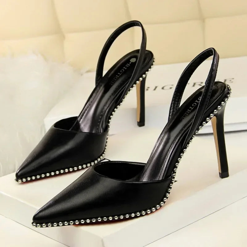 Branded Rivet Studded Beaded Design Sandals Women Summer Sexy Pointed Toe Thin High Heels Elegant Wedding Slide Pumps for Ladies LadyShow.Store