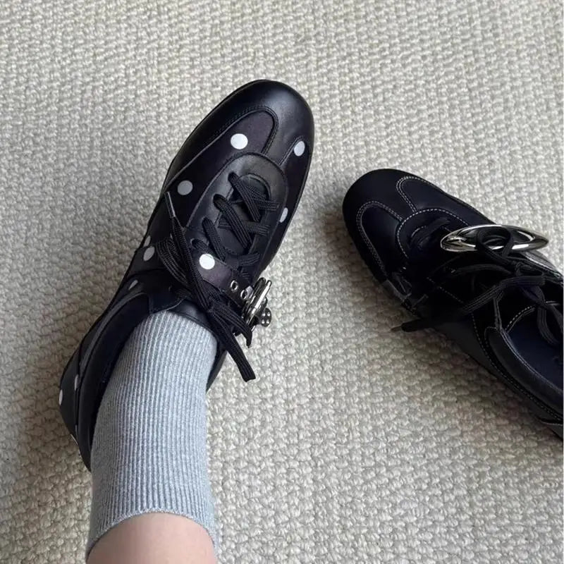 Korean Style Black Polka Dot Sneakers Women Spring 2026 Luxury Metal Decoration Designer Vulcanize Shoes Woman's Sports Shoes Pi-Mart
