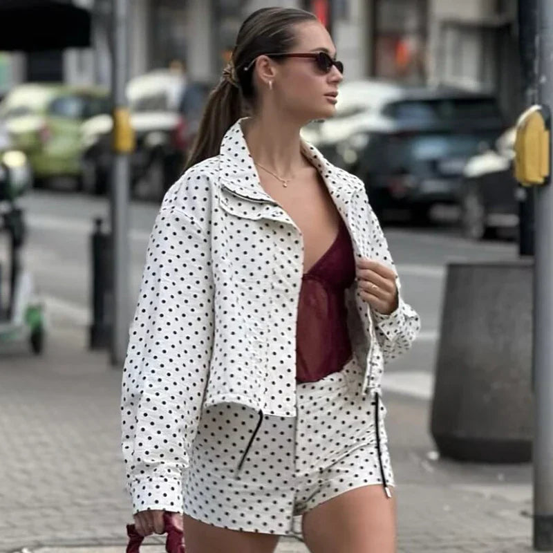 HXAO Polka Dot Bomber Jacket Women's Jackets Demi-Season Oversized Long Sleeve Top Outerwear Aviator Plus Size Zip Up Crop Coats LadyShow.Store