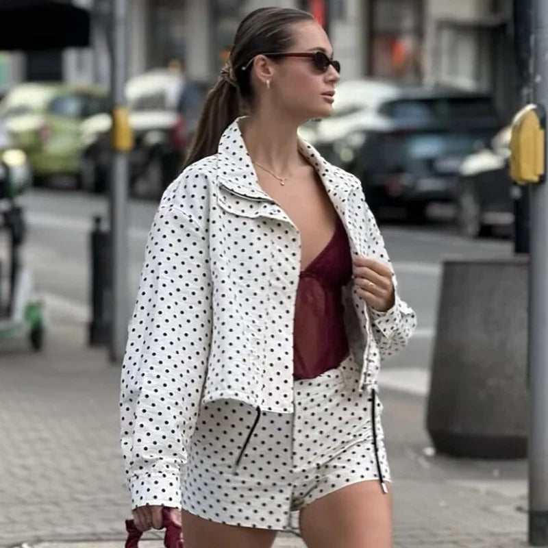 HXAO Polka Dot Bomber Jacket Women's Jackets Demi-Season Oversized Long Sleeve Top Outerwear Aviator Plus Size Zip Up Crop Coats LadyShow.Store