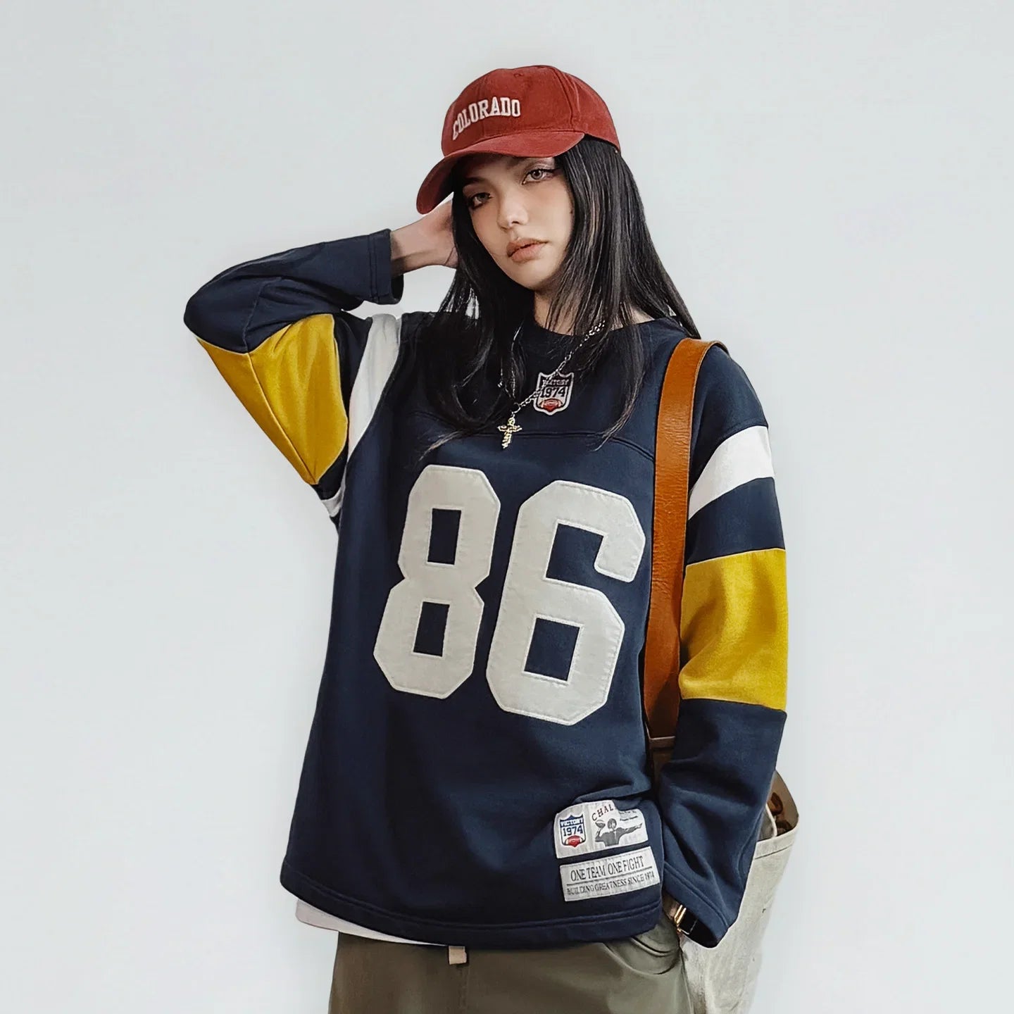Maden Women’s Retro Embroidered Rugby Pullover Sweatshirt Mid-length Baggy Thick Outerwear Cozy Spring Fall Female Top LadyShow.Store