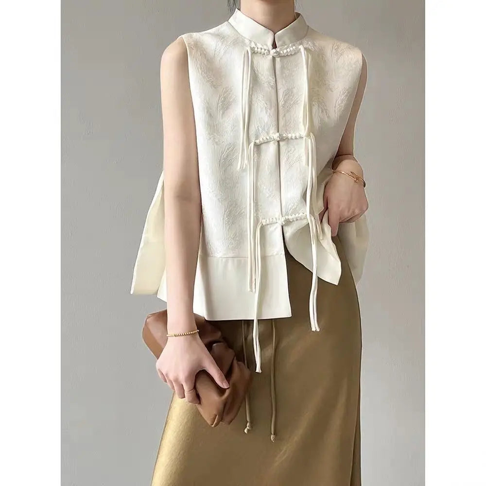 2026 spring new chinese new style plate buckle waistcoat jacket jacquard stand collar sleeveless retro women cheongsam waistcoat Pi-Mart