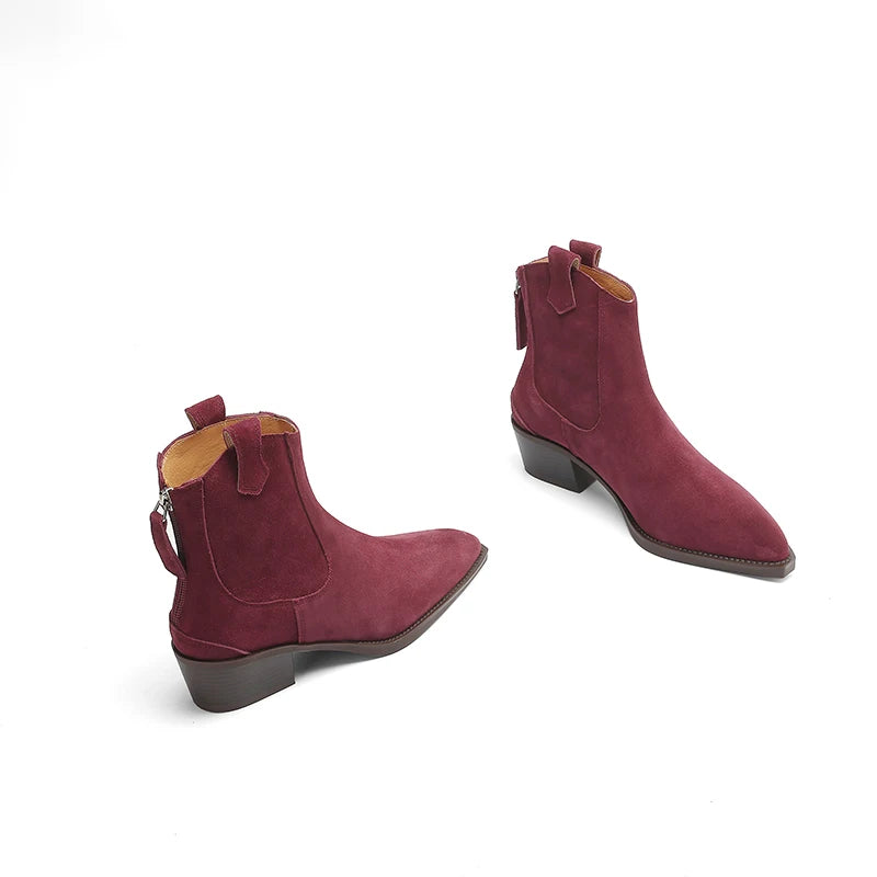 2025 Autumn Winter Trend Cow Suede Women Western Boots Black Brown Khaki Purple Green Burgundy Pointed Toe Ladies Ankle Boots Pi-Mart