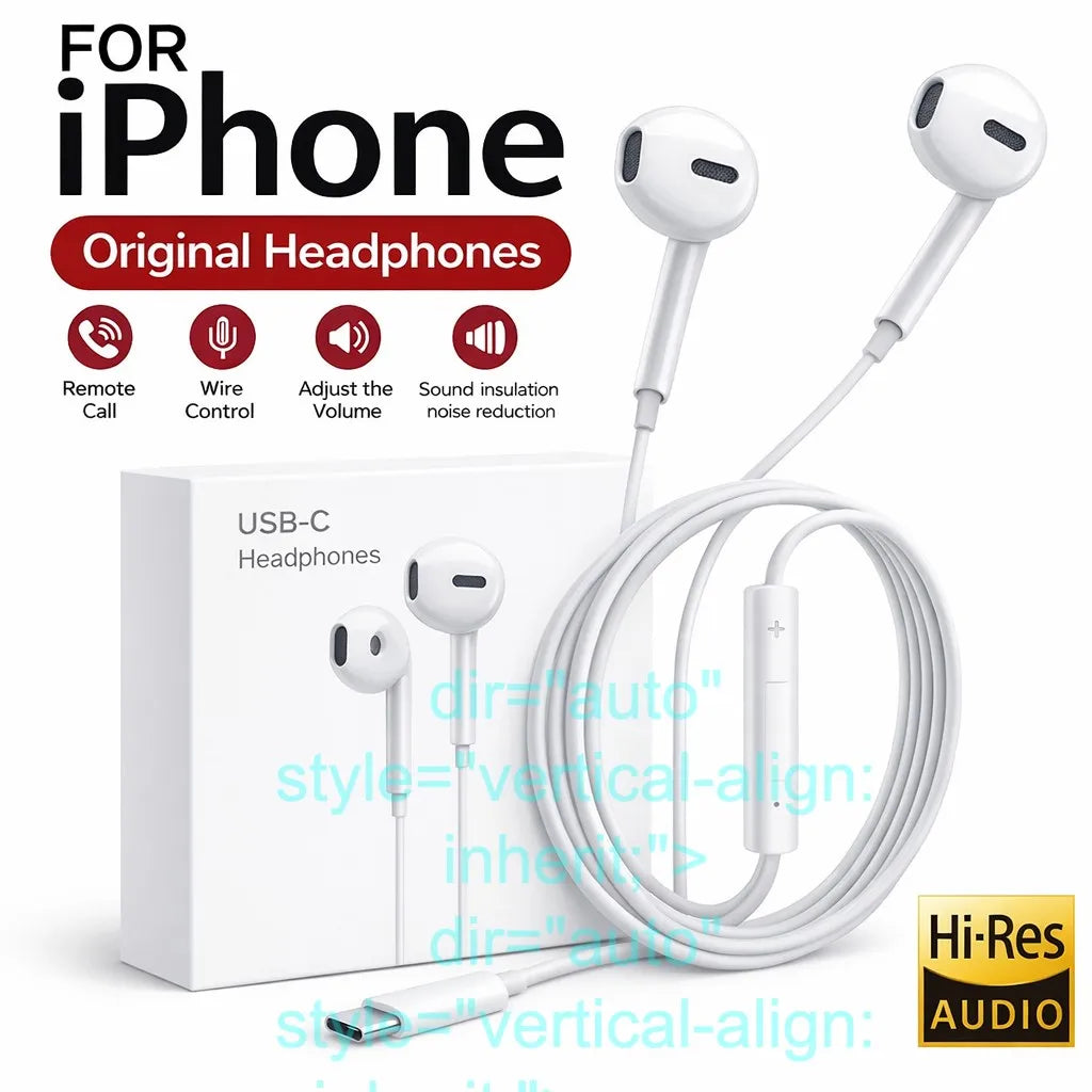 Original In-Ear Headphones For Apple iPad iPhone 15 17 14 13 12 11 16 Pro Max Plus Type C Wired Earphones Laptops Tablet Earbuds LadyShow.Store