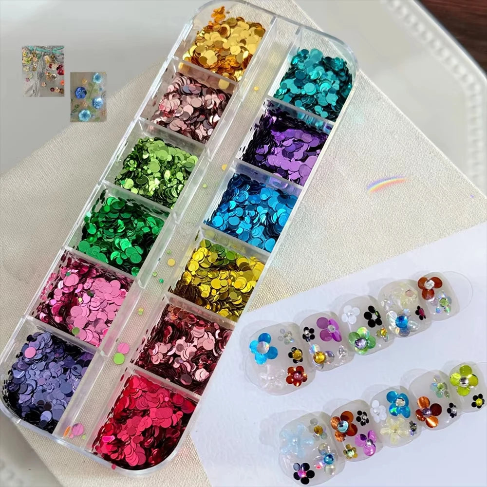 3D Spliced Flower Polka Dot Nail Art Sequins 12 Grids Retro 1-3mm Round Nail Glitter Sparkling Flakes Nail Charms Manicure Decro Pi-Mart
