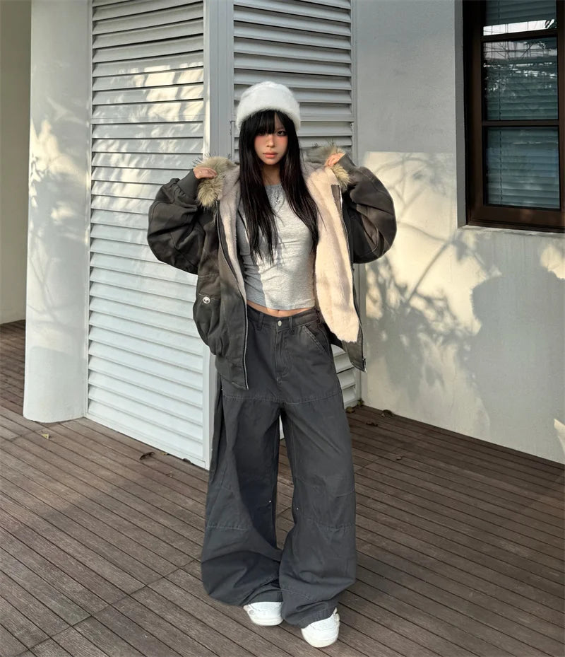 ZAROY Fur Collar Hooded Parkas Y2k Harajuku Thicken Padded Jackets Casual Zipper Gothic Women&Men Winter Coats Streetwear кур Pi-Mart