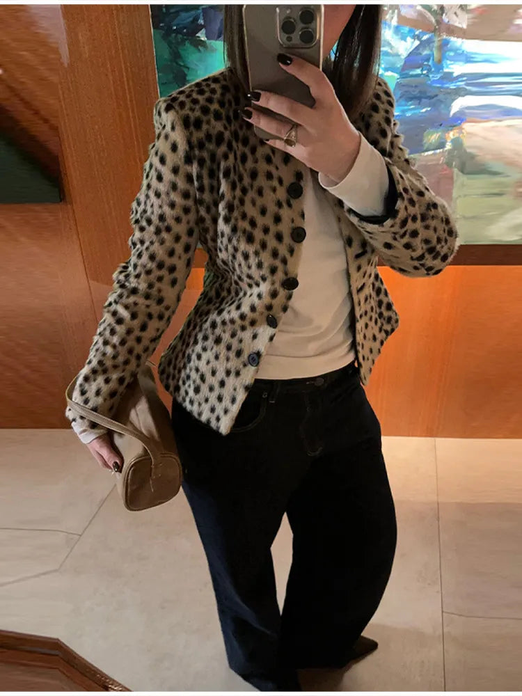 Retro Leopard Faux Fur Short Coat Lady Chic O-neck Single Button Placket Spotted Dot Cropped Long Sleeve Outerwear Street Jacket Pi-Mart
