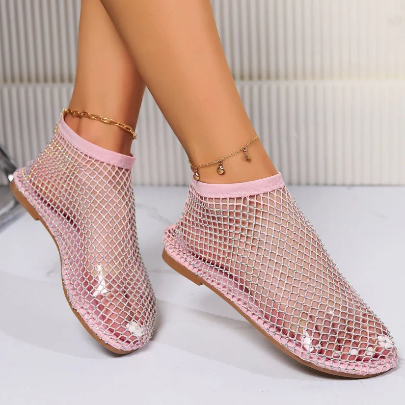 2024 Summer Women's New Round Toe Flat Bottom Sandals Hollow Short Boots Water Diamond Sexy Flat Bottom Fashion Banquet Slippers Pi-Mart