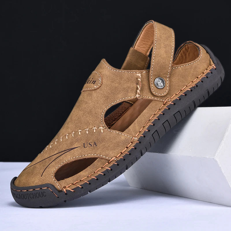 New Handmade Summer Sandals Men Breathable Leather Shoes Man Outdoor Men Sandals Antiskid Beach Sandals Hollow Shoes Fashion Pi-Mart