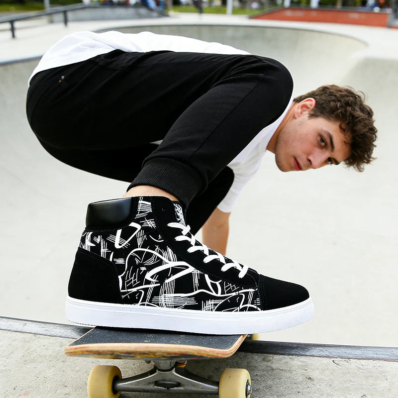 Street Style Fashion Sneakers Mens Casual Shoes Flat Breathable High top Black Red Brand Male Footwear Pi-Mart
