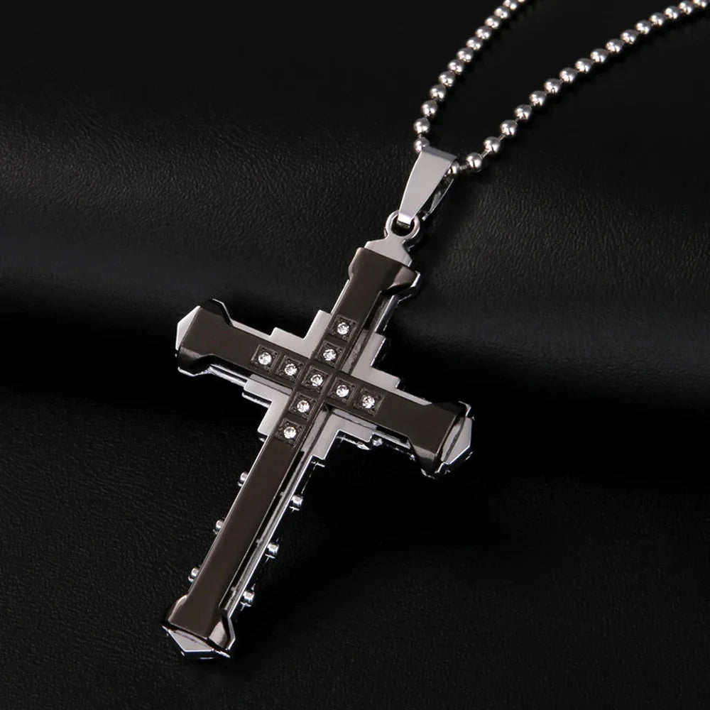 2024 New Male Crystal Cross Jesus Pendant Gold/Black/Blue Color Zirconia Cross Pendant Necklace Stainless Steel Jewelry Pi-Mart