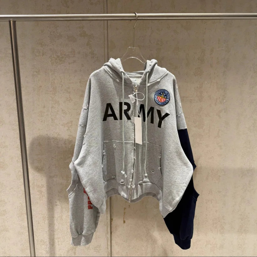PROJECT G/R 2026 Patchwork ARMY Vintage Damaged Cardigan Pullover Men Women Best Quality Hoodie LadyShow.Store