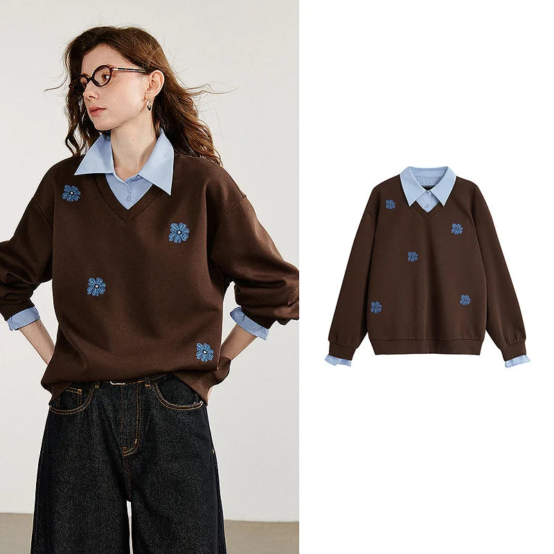 TOYOUTH Women Sweatshirt 2025 Autumn New Denim Flower Embroidery Fake Two Piece Splicing Turn Down Collar Cotton Casual Pullover LadyShow.Store