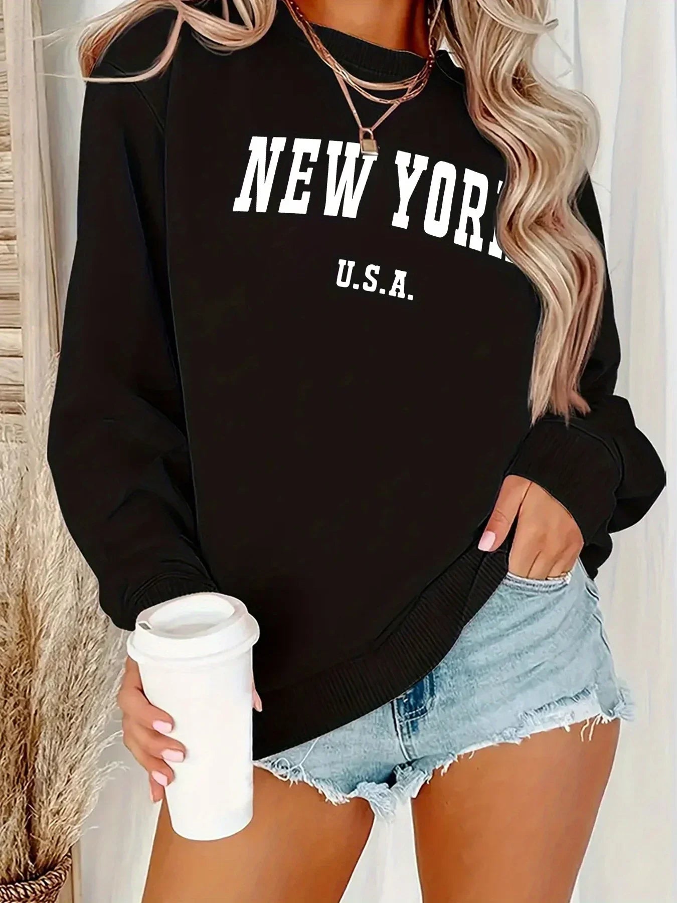 Women's Casual USA Print Pullover Sweatshirt Geometric Design Long Sleeve Round Neck Machine Washable Regular Fit for Autum LadyShow.Store