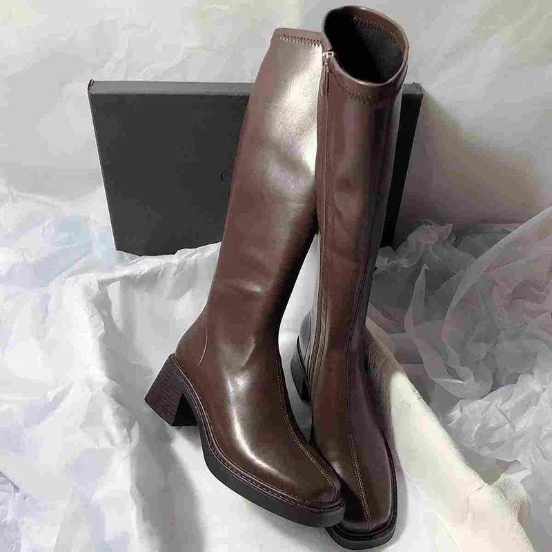 Vintage Thick Heel Women Knee High Boots Fashion Side Zippers Shoes Autumn Winter Ladies Concise Long Botas De Mujer Pi-Mart