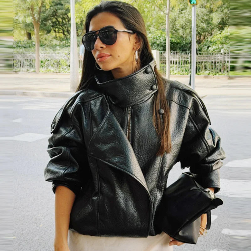 HXAO New Arrival Women's Bomber Jacket Leather Black Jackets Cropped Oversize Outerwears Zip-Up Long Sleeve Coats Outdoor Jacket Pi-Mart