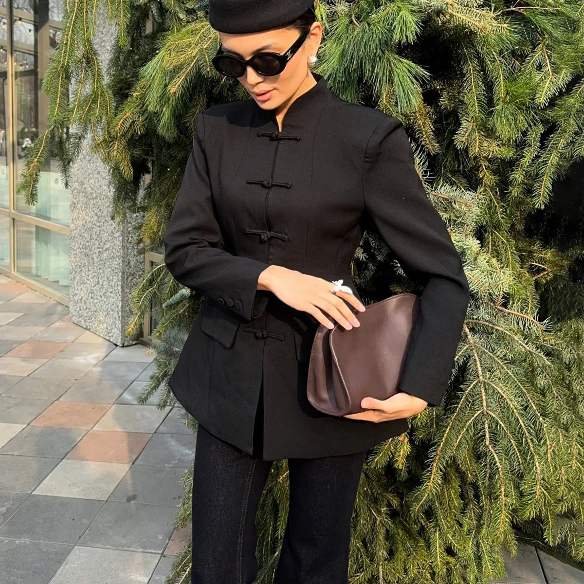 BJTZ Women Mandarin Collar Blazer Long Sleeve Frog Button Front Slim Fit Suit Jacket Casual Office Streetwear Elegant Outerwear LadyShow.Store