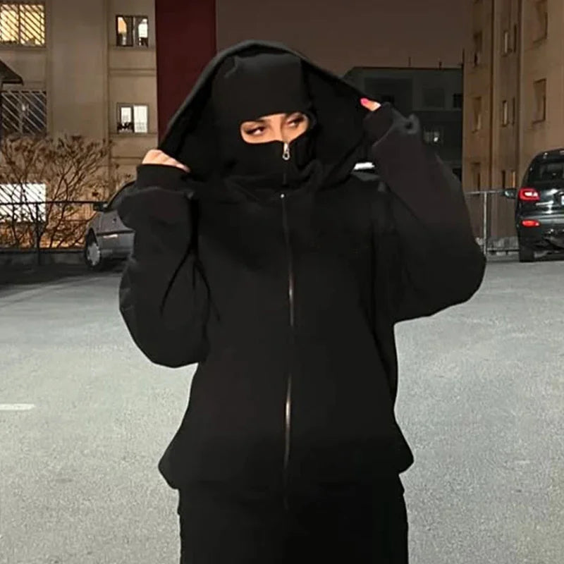 Men and Women Balaclava Y2K Gothic Harajuku Spring Autumn Winter New Item Double Hooded Sweatshirt Men Hooded Mask Zipper Jacket Pi-Mart