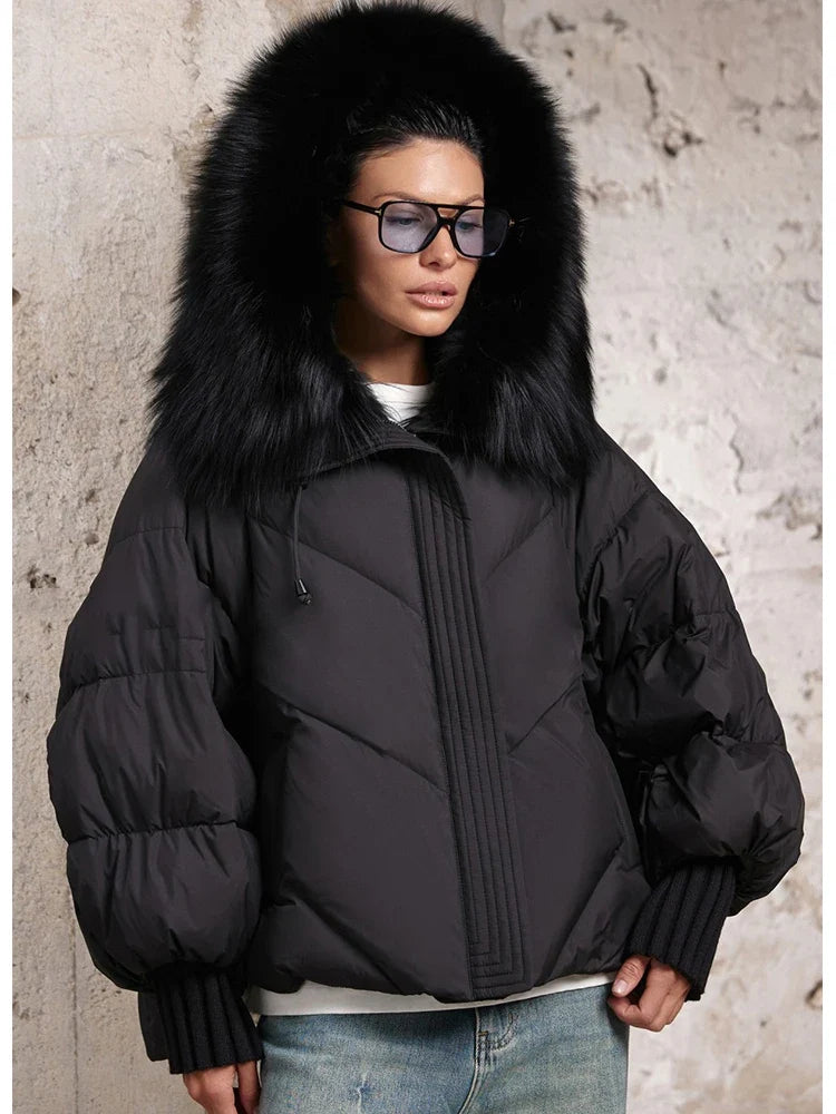 Women Winter Goose Down Jackets Real Fox Fur Collar Hooded Thick Natural Raccoon Fur Female Outwear Warm Loose Puffer Coats LadyShow.Store