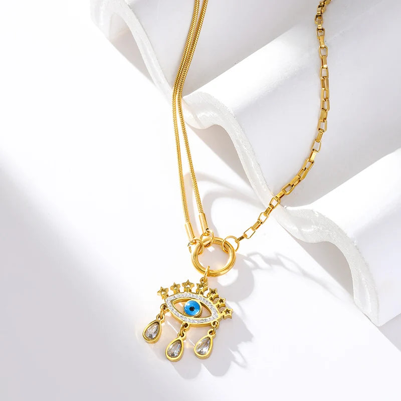 GANEMLY 316l Stainless Steel Luxury Bling Cubic Zirconia Eye Droplets Pendant Necklace Women Chic Romantic Waterproof Jewelry Pi-Mart