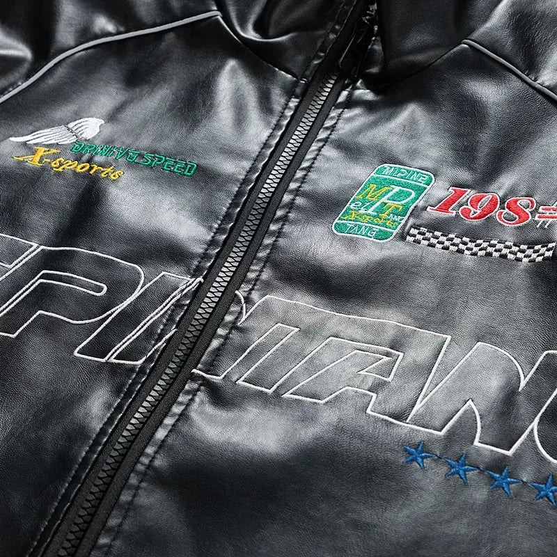 Spring Autumn New Men's Motorcycle Wear Fashion Brand PU Leather Jacket Moto Bike Jackets Thin Fashion Coat Embroidery Hip Hop Pi-Mart