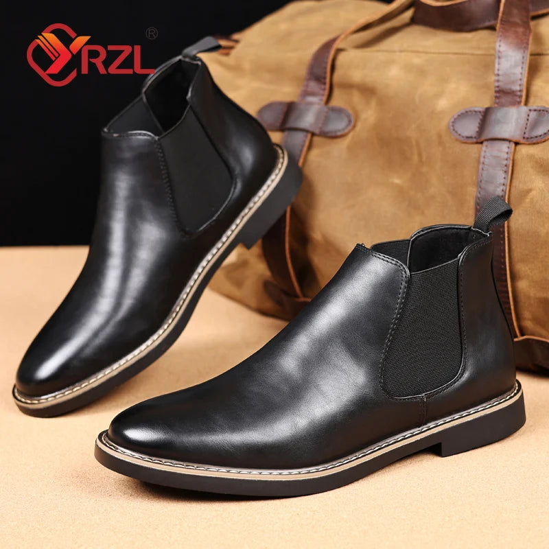 YRZL 39~47 Men Chelsea Boots Brand Retro Comfortable PU Leather Ankle Boots Men 2025 Fashion Black Brown Mens Boots Pi-Mart