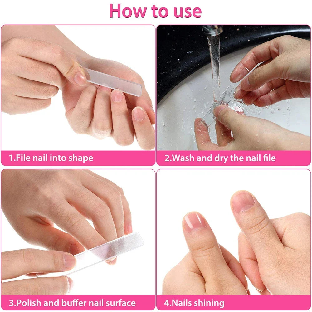 8PCS Portable Nano Glass Nail File, Crystal Glass Nail Polish Nail Care Tool Kit Tri Light Beauty