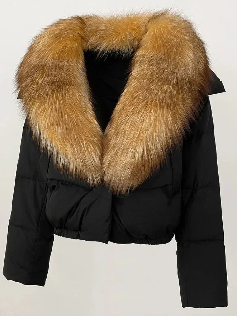 Down Jacket Women Short Puffer Jacket Thick New Big Natural Real Fox Fur Coat  Autumn Winter Female White Duck Down Coat Feather LadyShow.Store