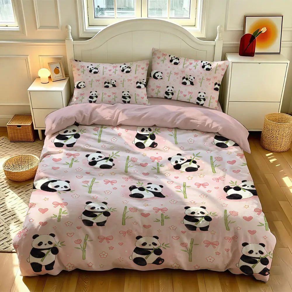 3pcs Cartoon Panda Print Coreless Duvet Cover Cool Summer Lightweight Bedding Set Multi Size Bedroom Bedding Decoration Pi-Mart