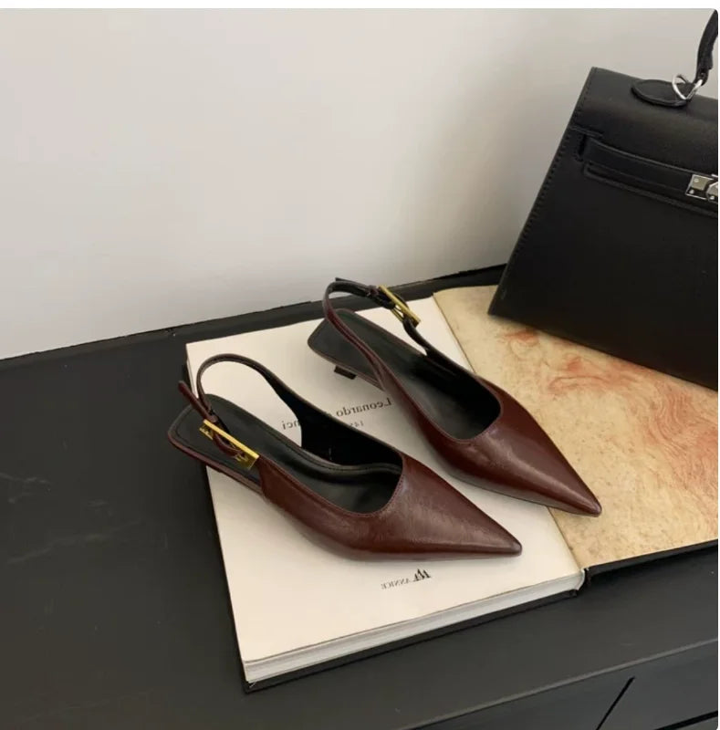 2025 Summer New Women Sandal Fashion Pointed Toe Shallow Slip on Ladies Elegant Slingback Shoes Thin Med Heel Dress Mules Pumps LadyShow.Store
