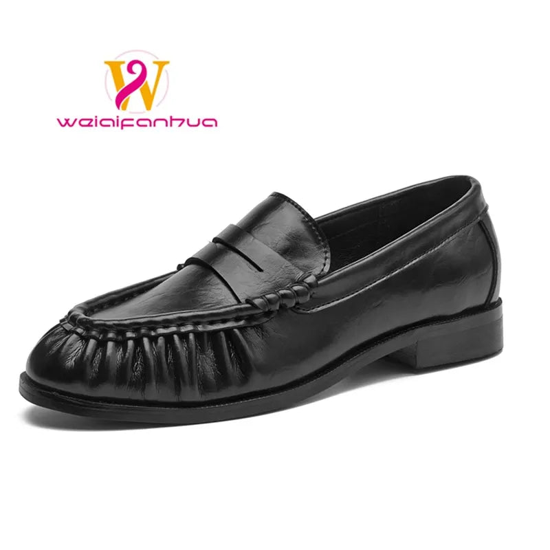 Lady Loafers 2026 Model Handcrafted Retro Pleated Single Shoes for Women, Women's Low-Heeled Leather Suede Shoes Pi-Mart