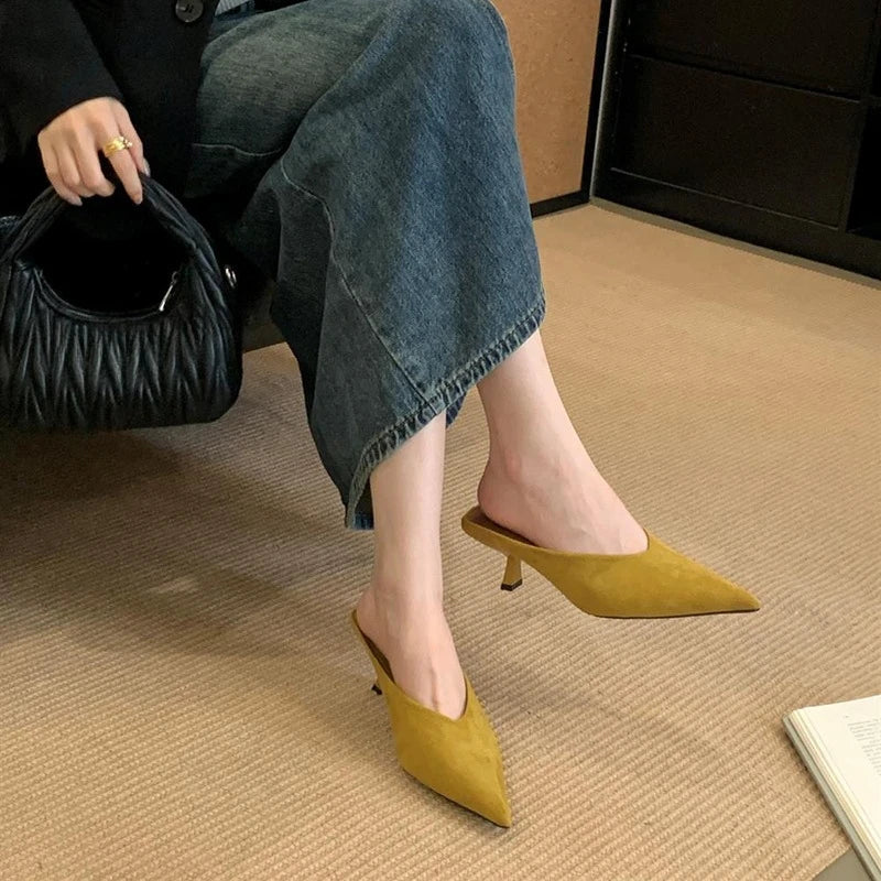 Summer Fashion Thin Mid Heels Women Slippers Elegant Pointed Toe Party Dress Mule Slides Shoes Zapatos Mujer LadyShow.Store